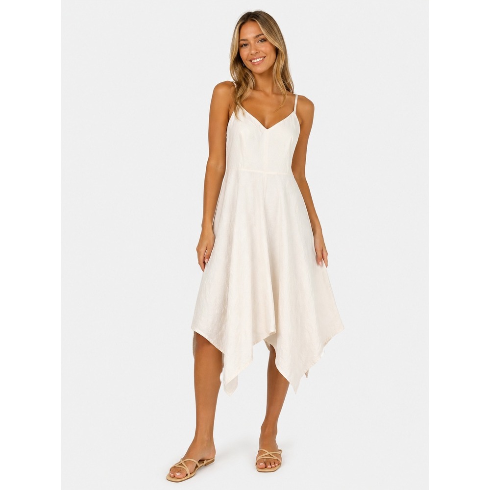 Krimson Klover Shoreline Dress White Linen Blend Handkerchief Hem S